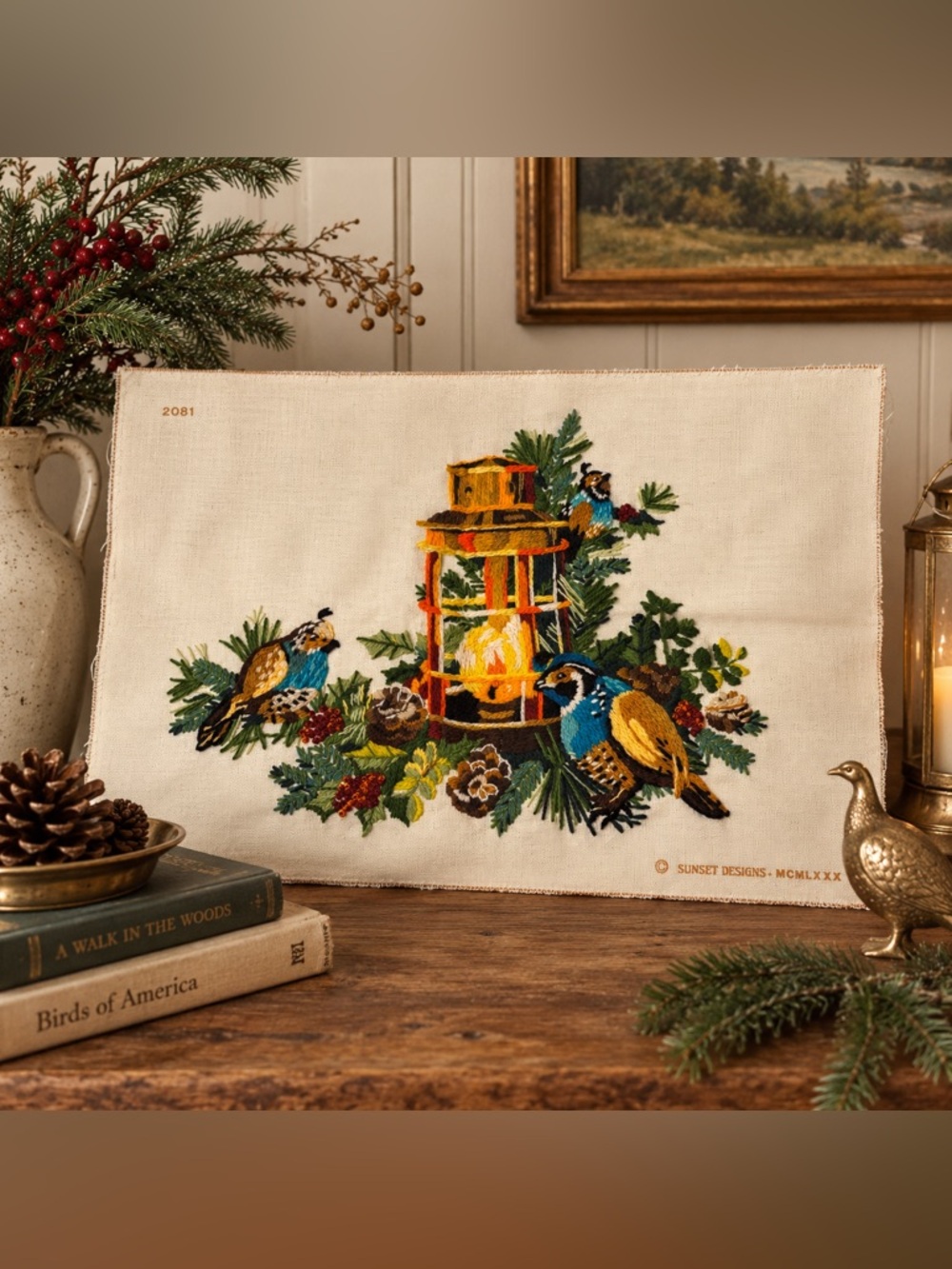 Vintage 1980 Sunset Designs Crewel Embroidery Quail Birds Lantern Woodland 2081